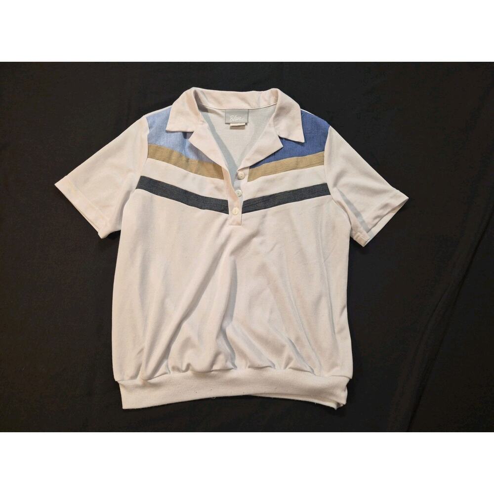 Blair Womens Vintage Banded Polo Top Medium White/Blue